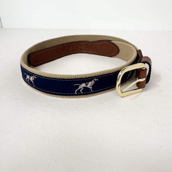 Pointer Dog Ribbon Belt Leather Brass Buckle Navy  & Brown Cotton 32 Hunting - Picture 1 of 9
